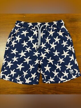 Tom & Teddy Boys Swim Trunks Size 7/8 Navy Blue Light Pink Starfish Mesh Lining